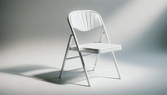 Snow white, fan back, folding chair. Front view.