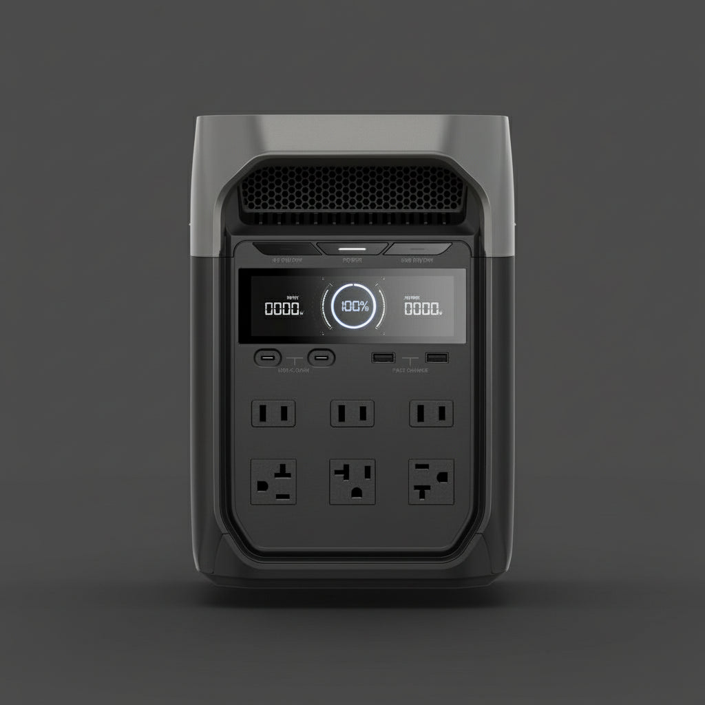 Black power station with digital display on a white background